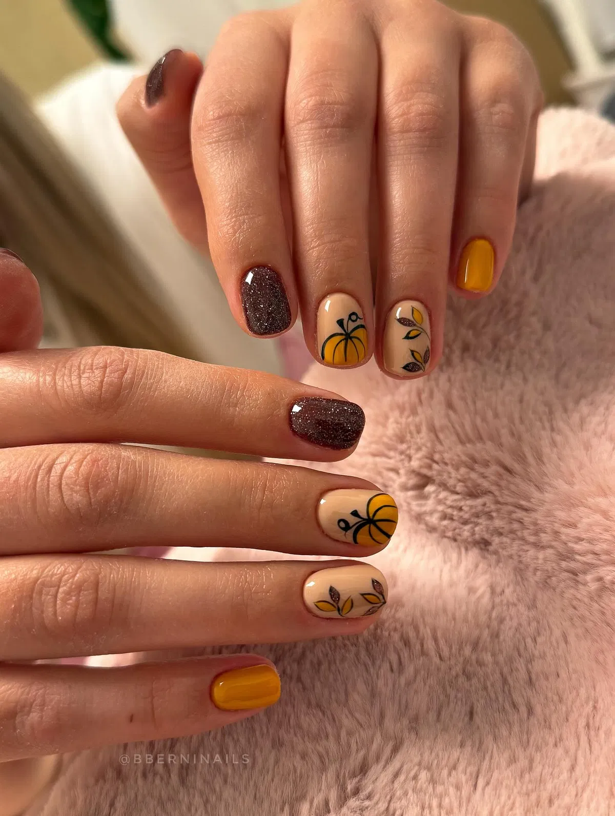 Mustard, beige, and brown with pumpkin and leaf line art