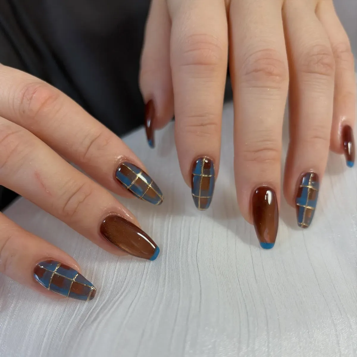 Brown and blue with gold grid lines