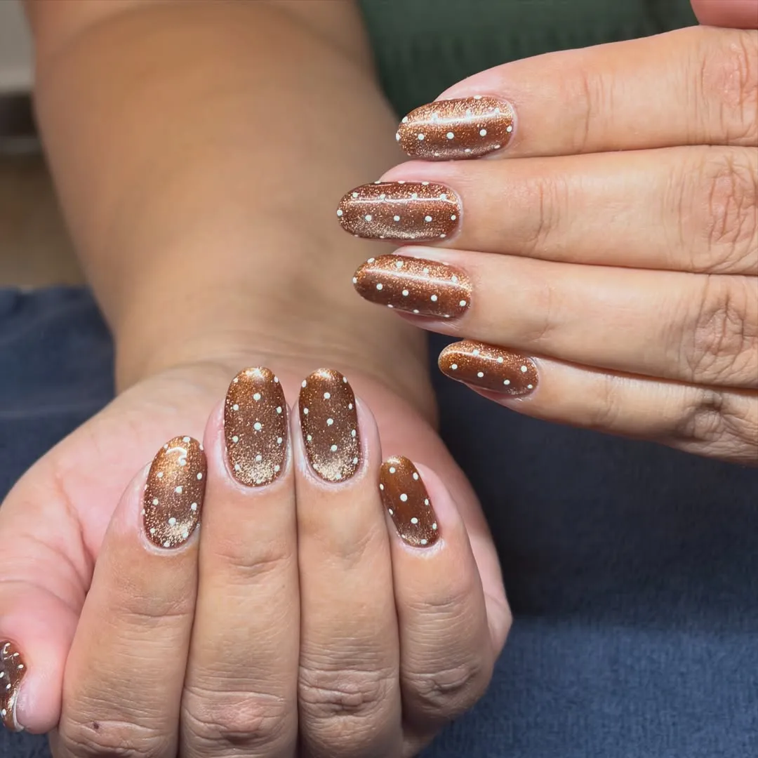 Brown glitter with white polka dots