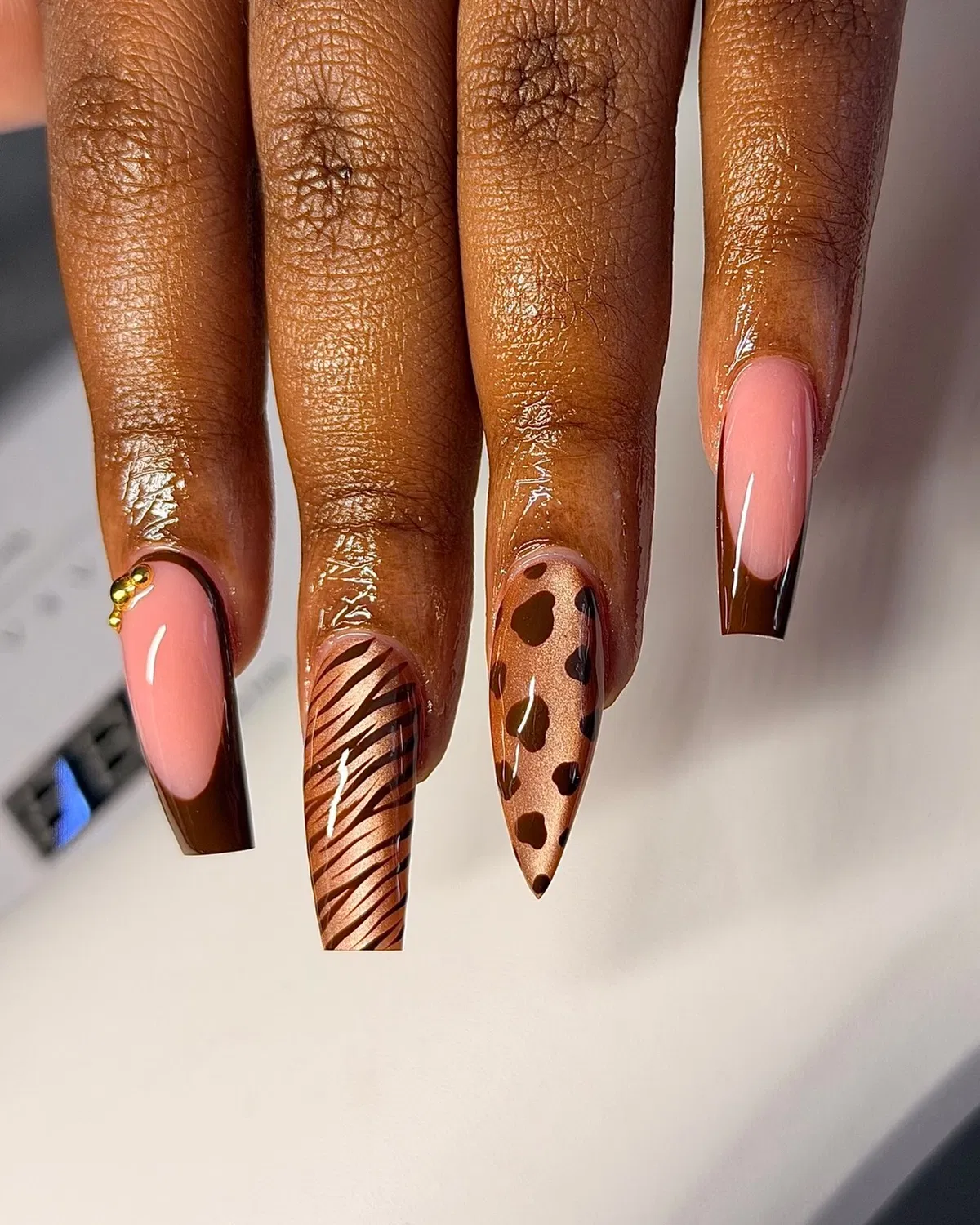 Nude pink with dark brown tips, stripes, and spots