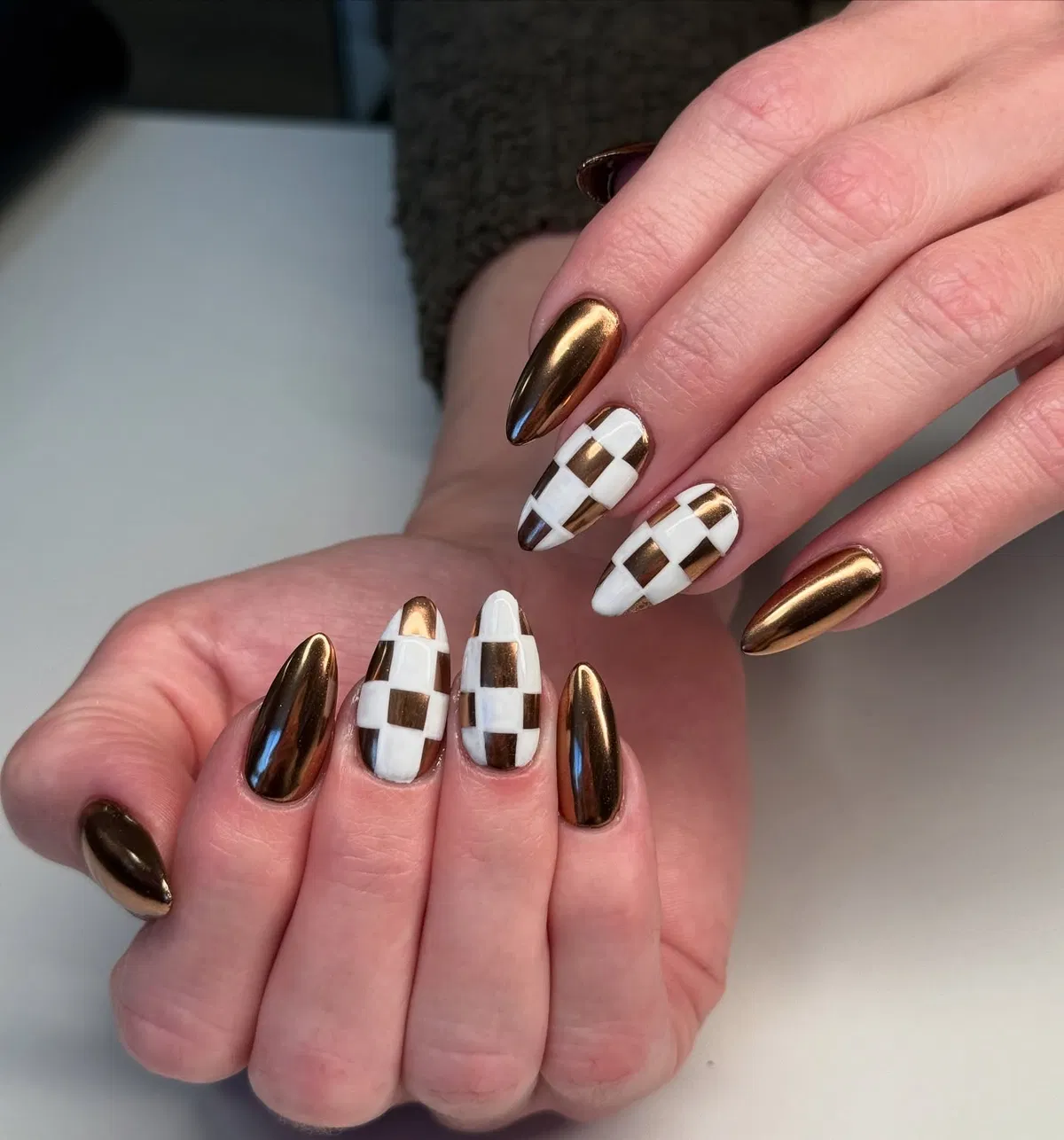Metallic bronze with white checker accents