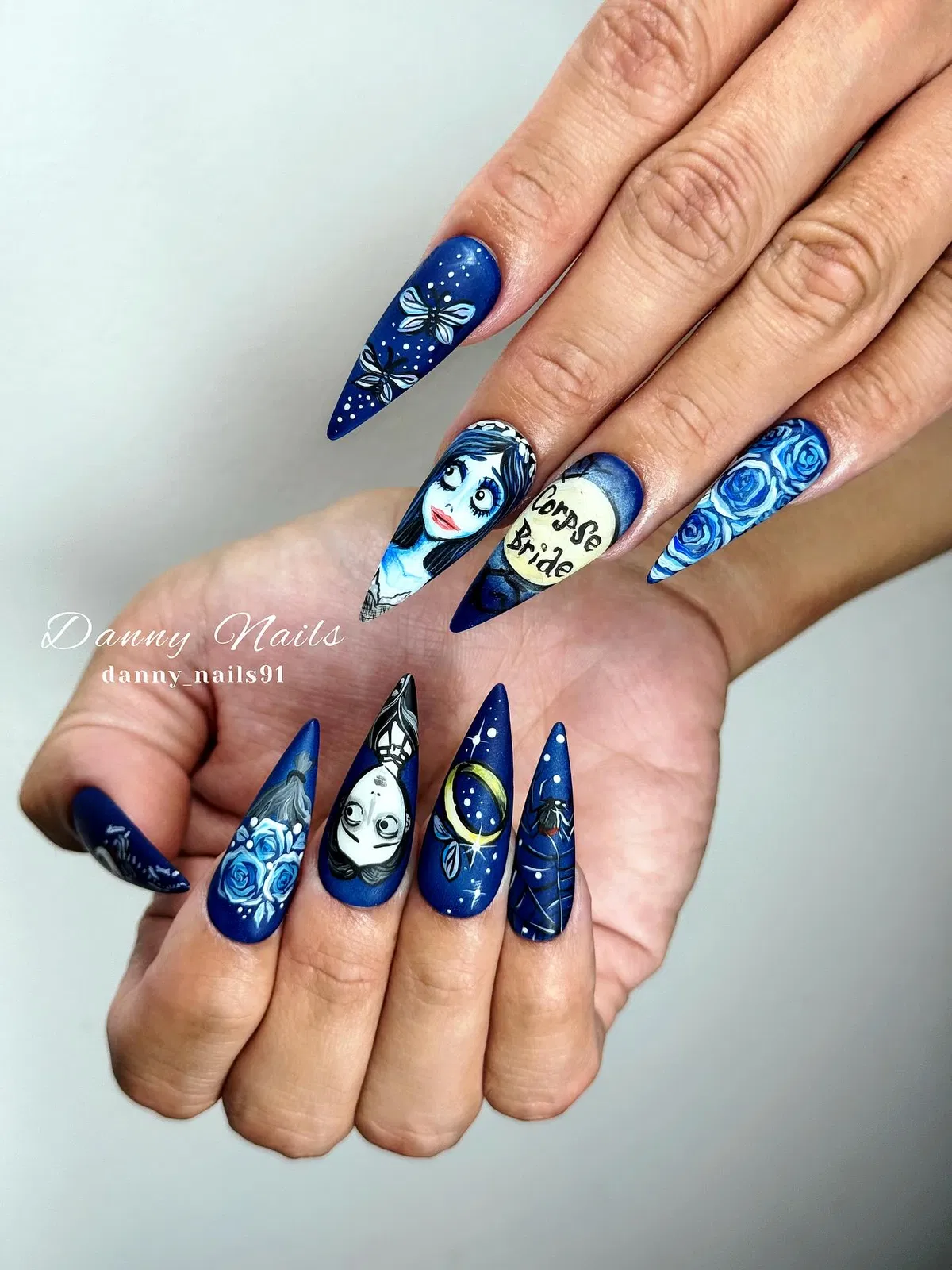 Deep Blue Stiletto Set with Stars, Roses, and 'Corpse Bride' Text