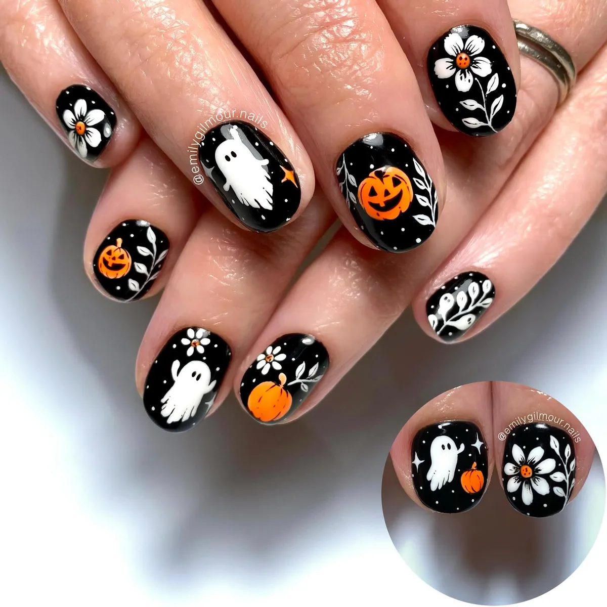 Black Nails with White Florals, Ghosts, and Orange Pumpkins
