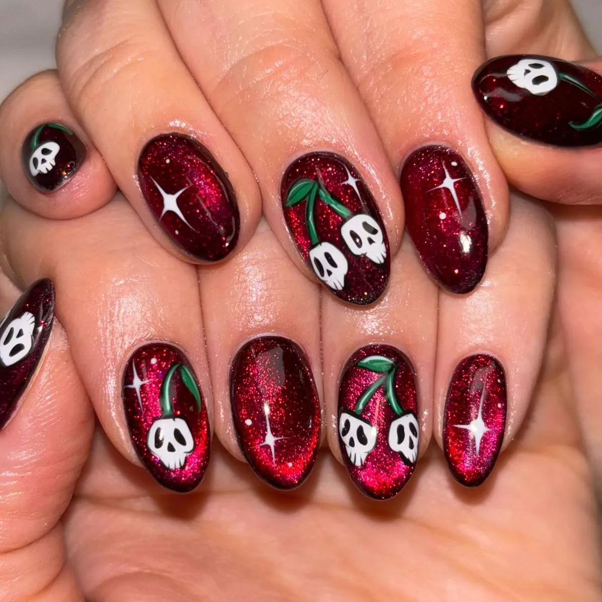 Red Glitter Nails with Skull Cherries and Sparkle Stars