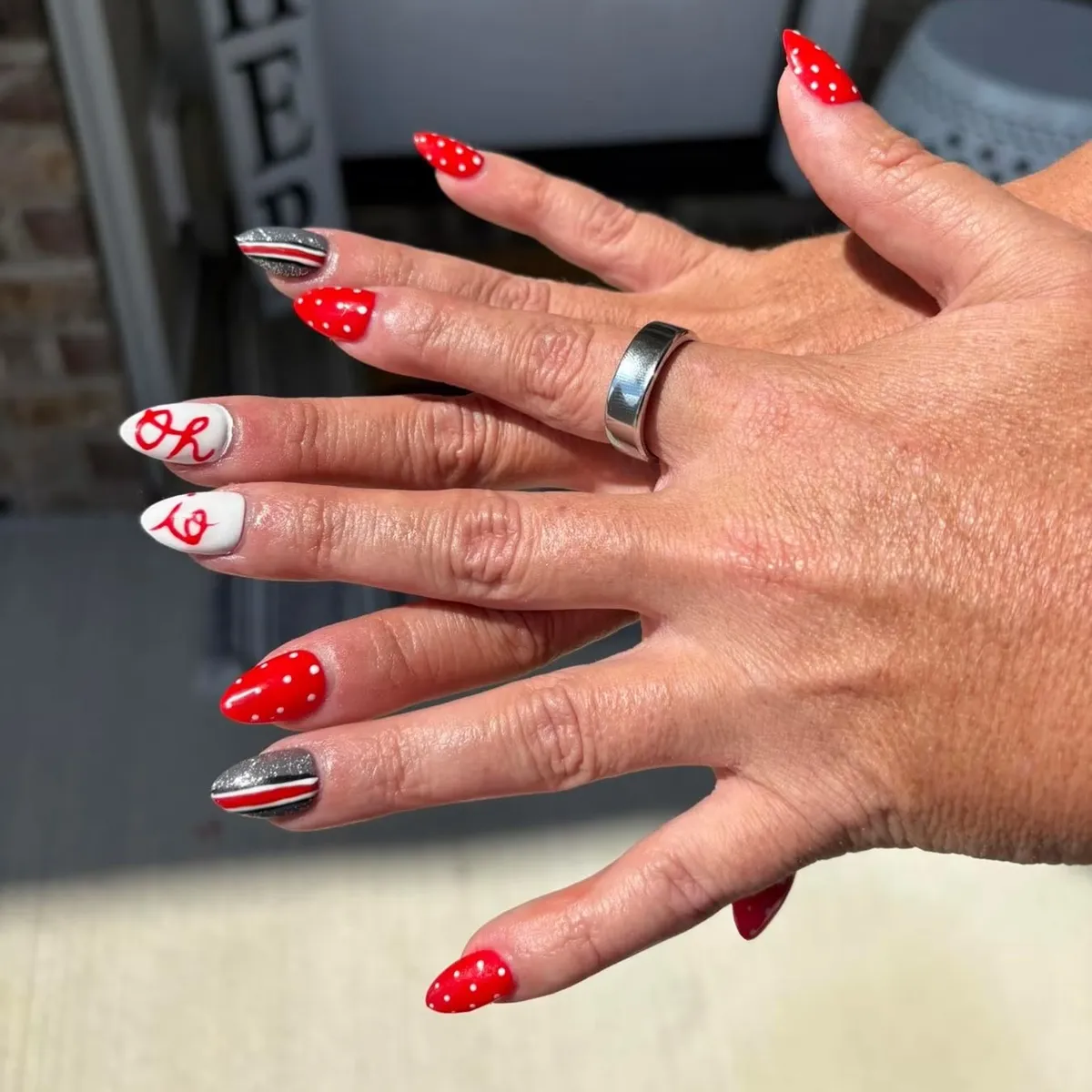 Red polka dots with striped glitter and script accents