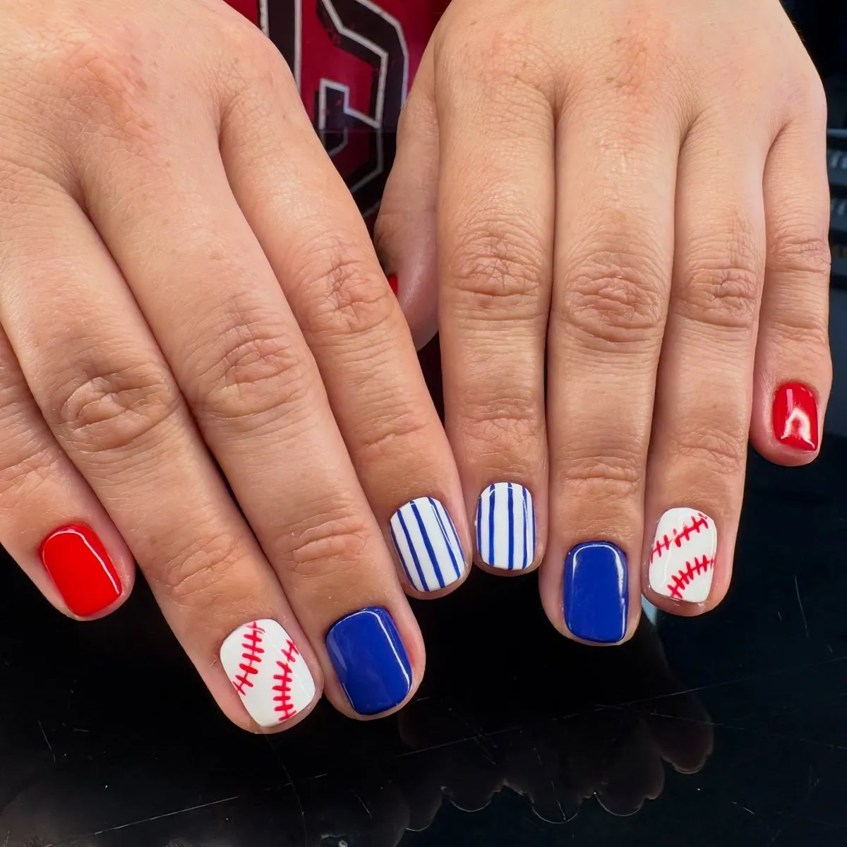 Red, white, and blue with stitches and stripes