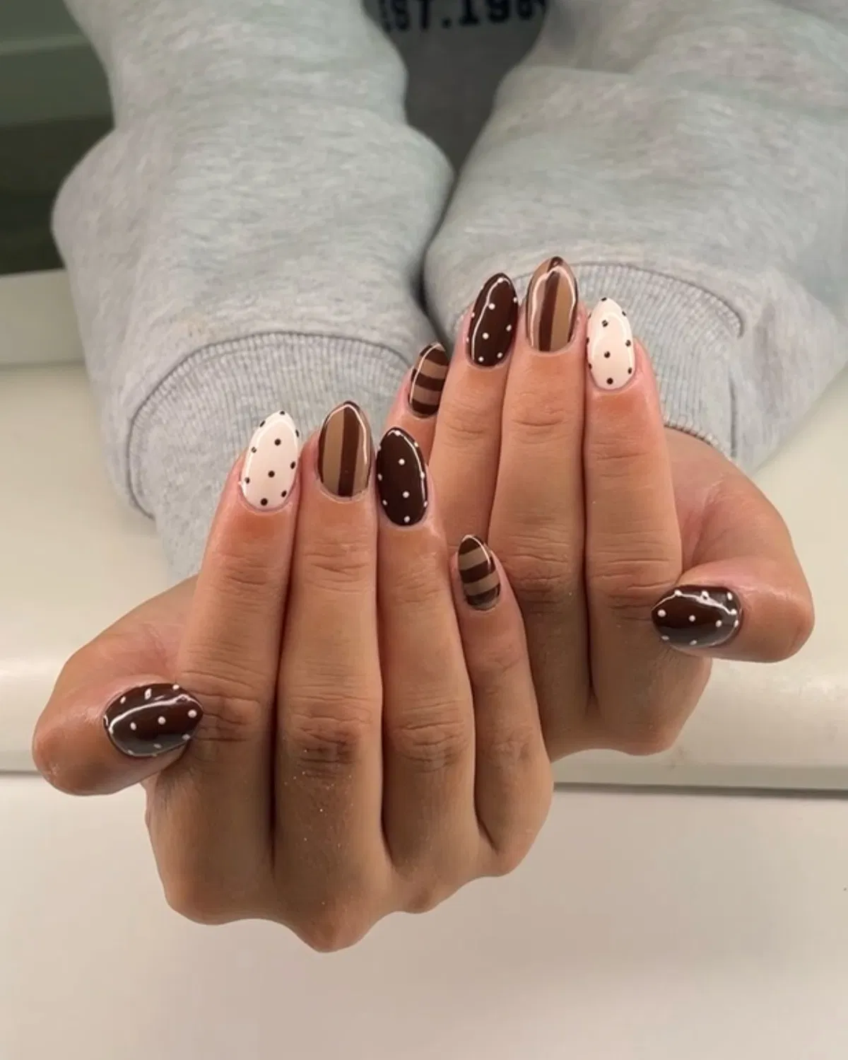 Brown-and-cream mix with polka dots and stripes