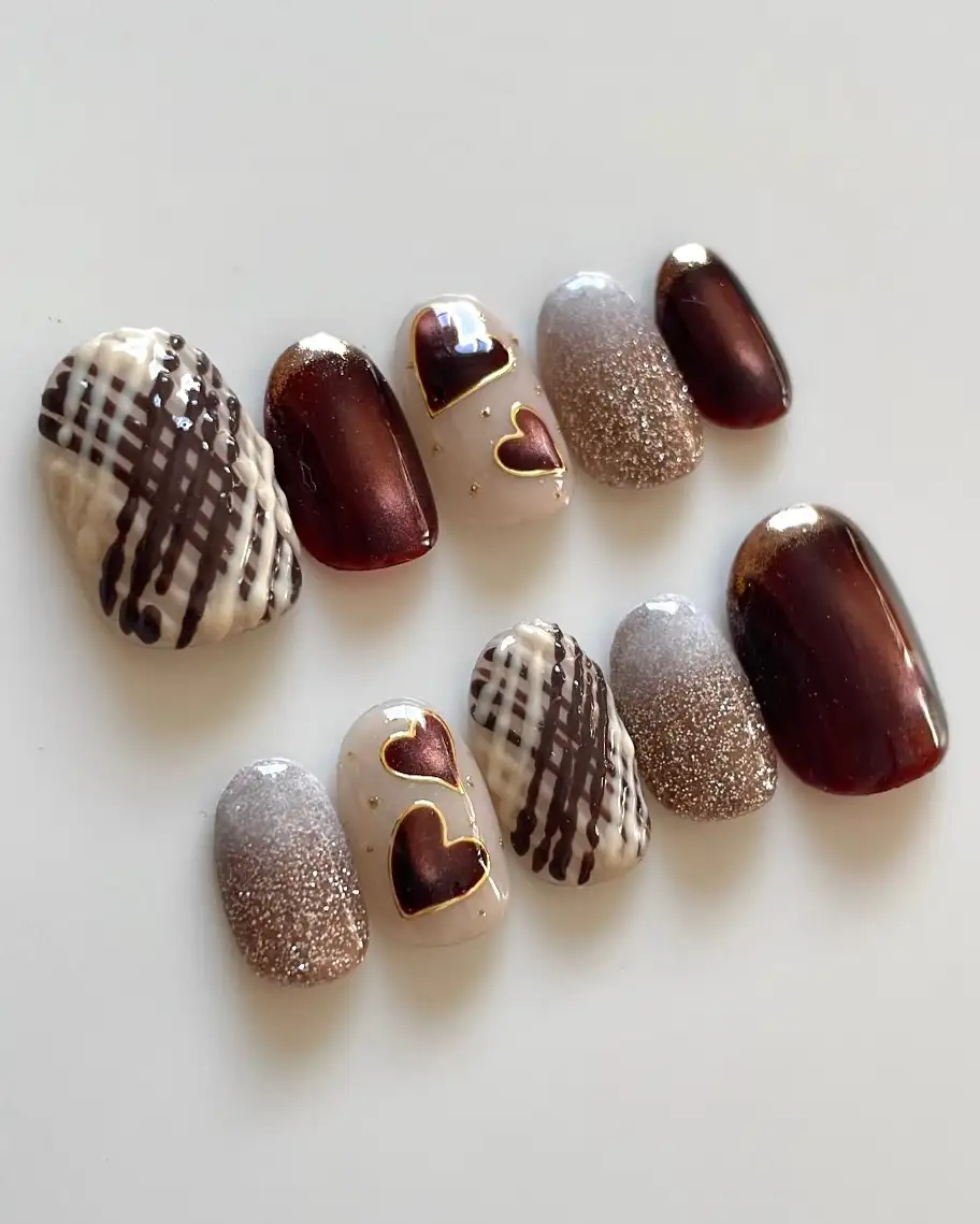 Mixed brown set with glitter gradients, heart motifs, and textured drizzle accents