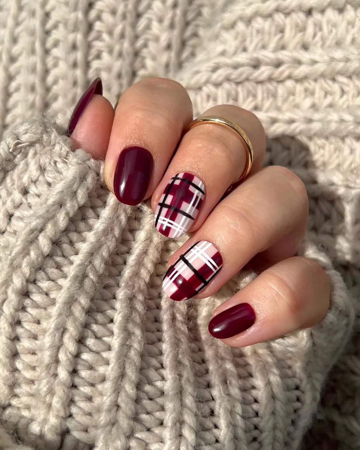 Deep Plum with Plaid Accent Nails