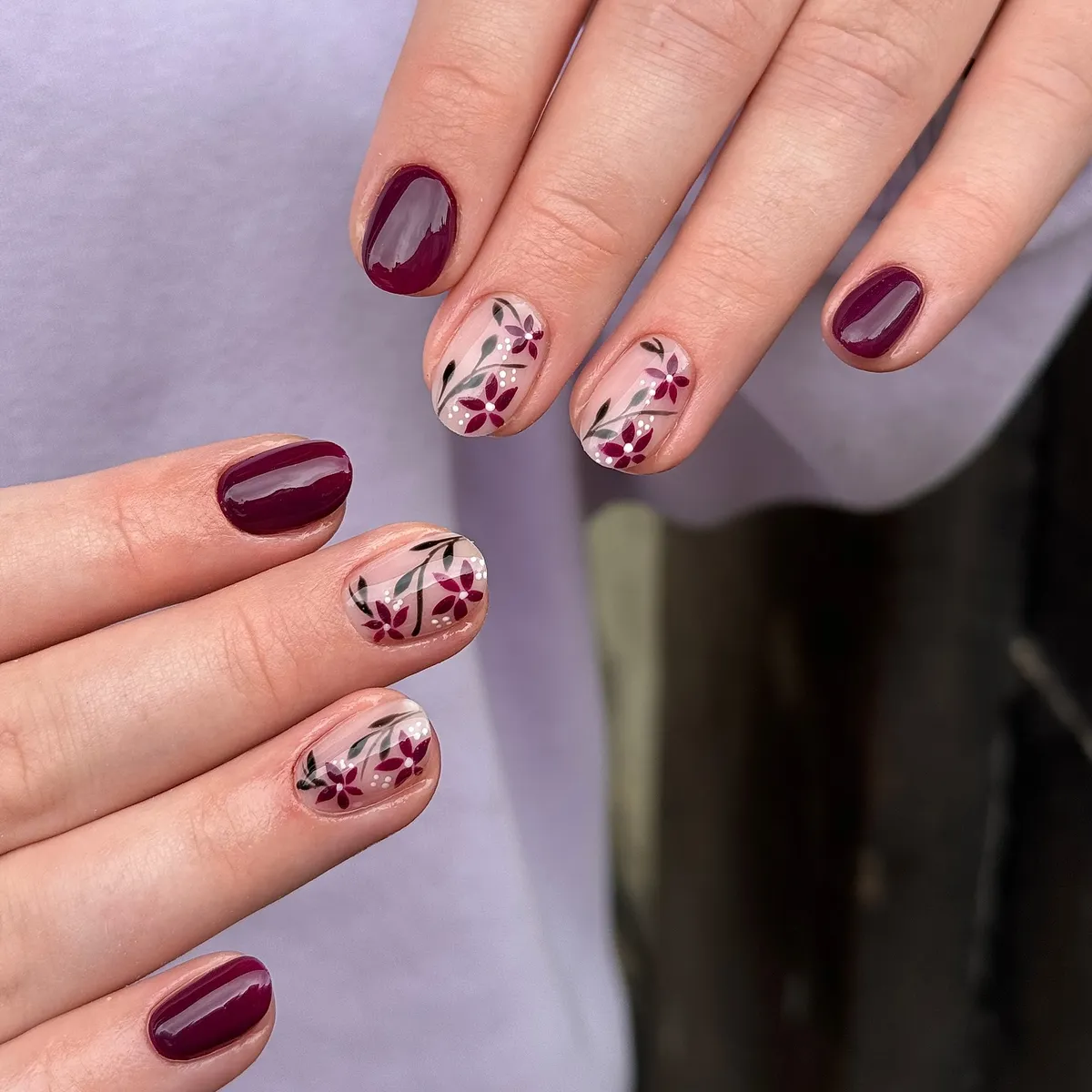 Dark plum solids with nude floral accents