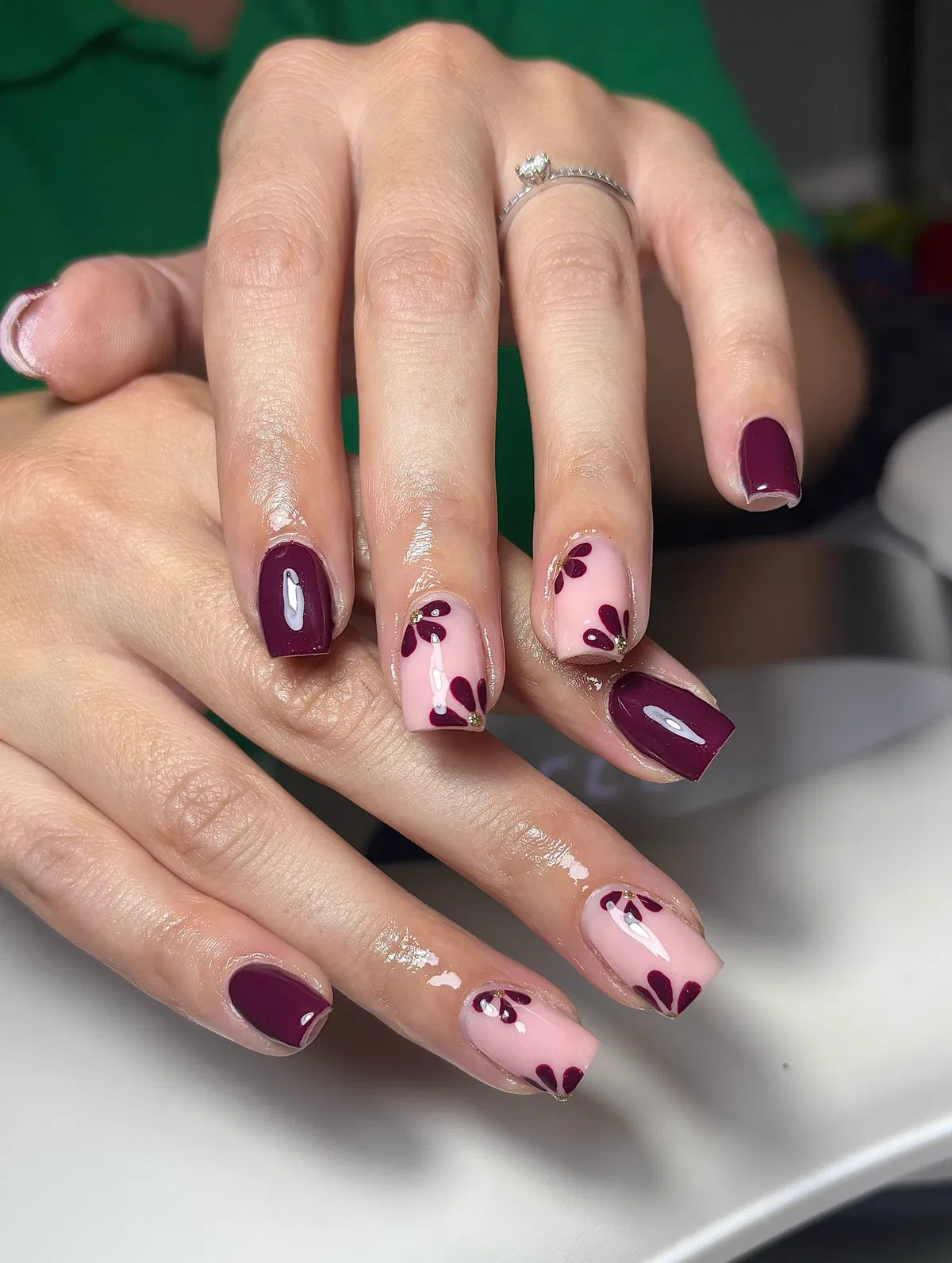 Plum solids with pale pink petal accents
