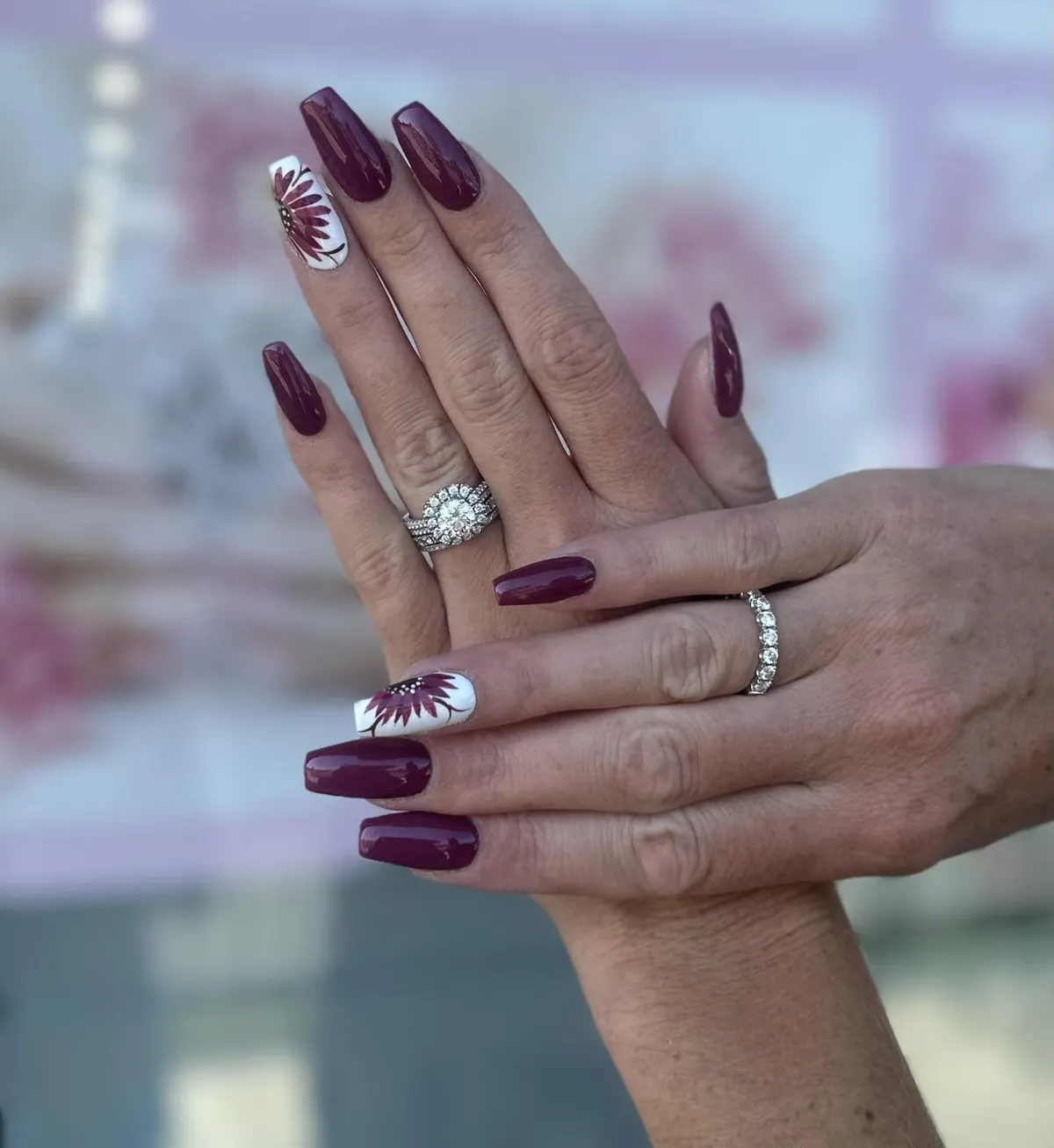 Long plum squares with white floral accents