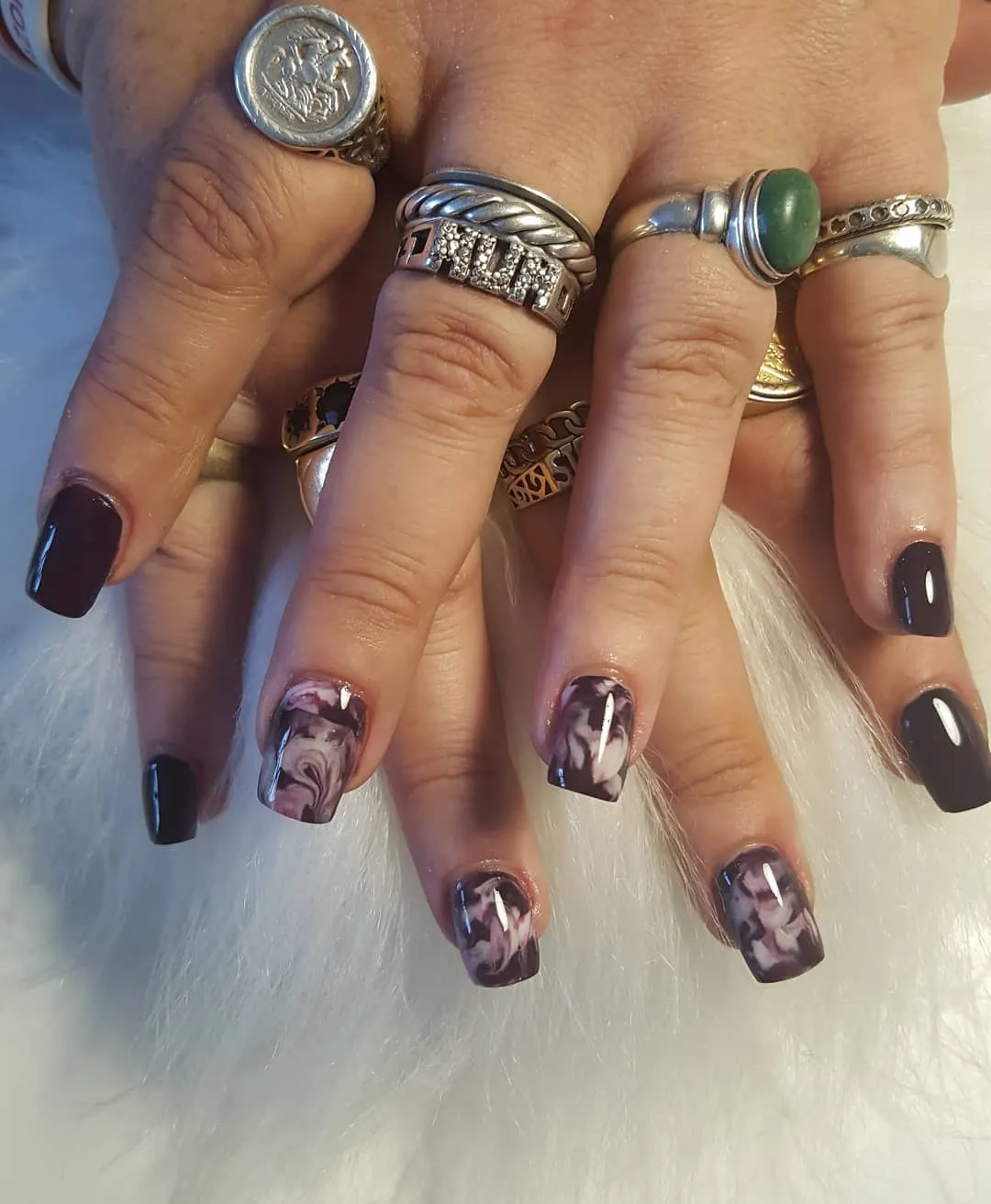 Dark plum solids with white-plum marbling
