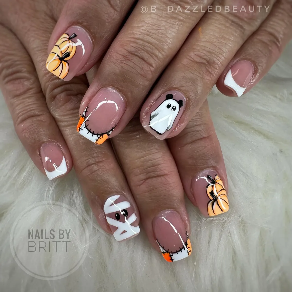 Glossy Nude Set with French Tips, Mummy Wraps, and Pumpkins