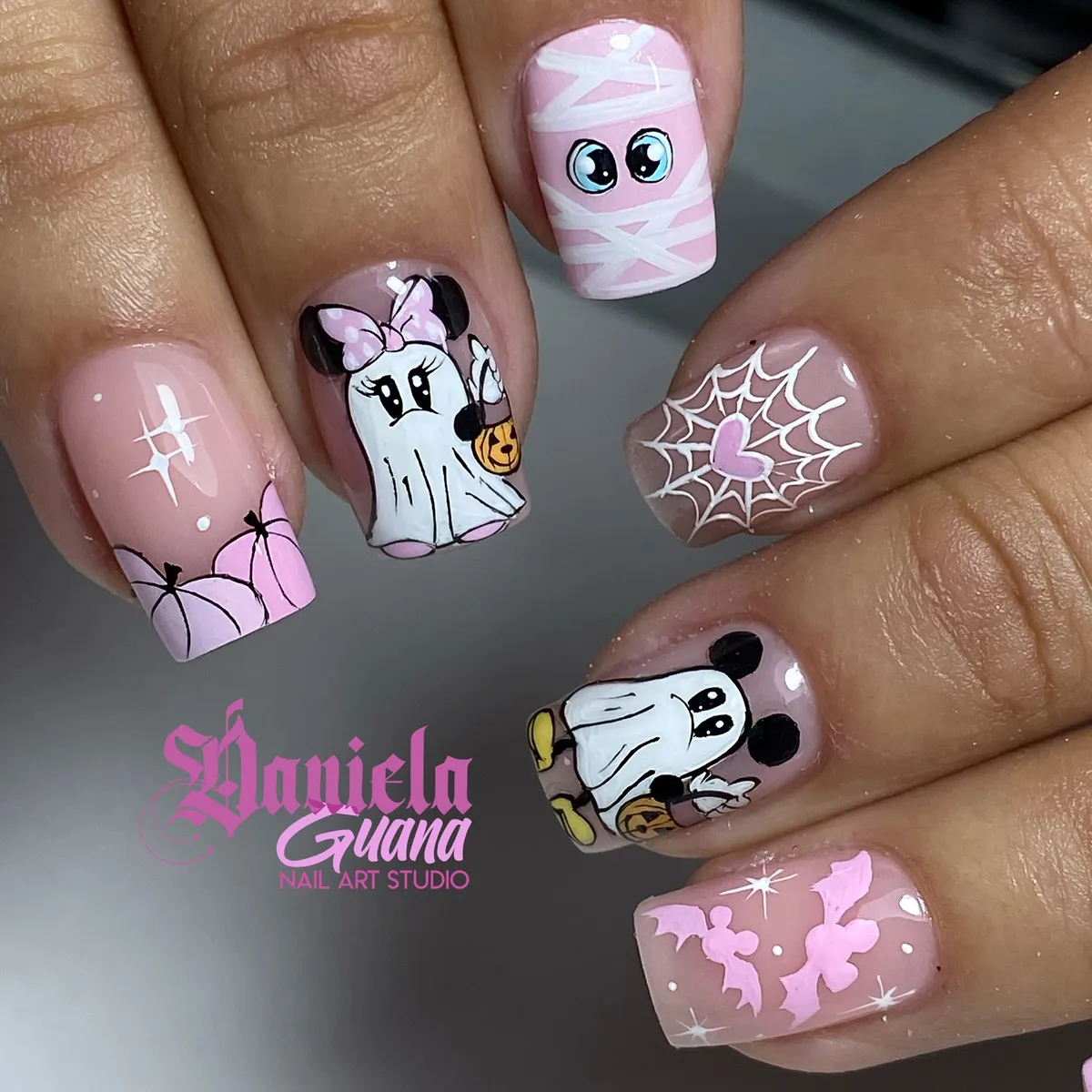 Pink Ghost Costumes, Spiderweb Heart, and Mummy Eyes