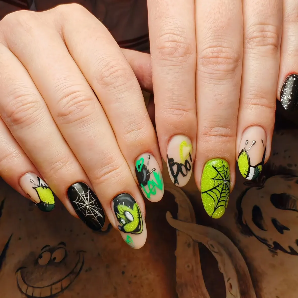 Neon Green + Black Webs with “Boo” Text