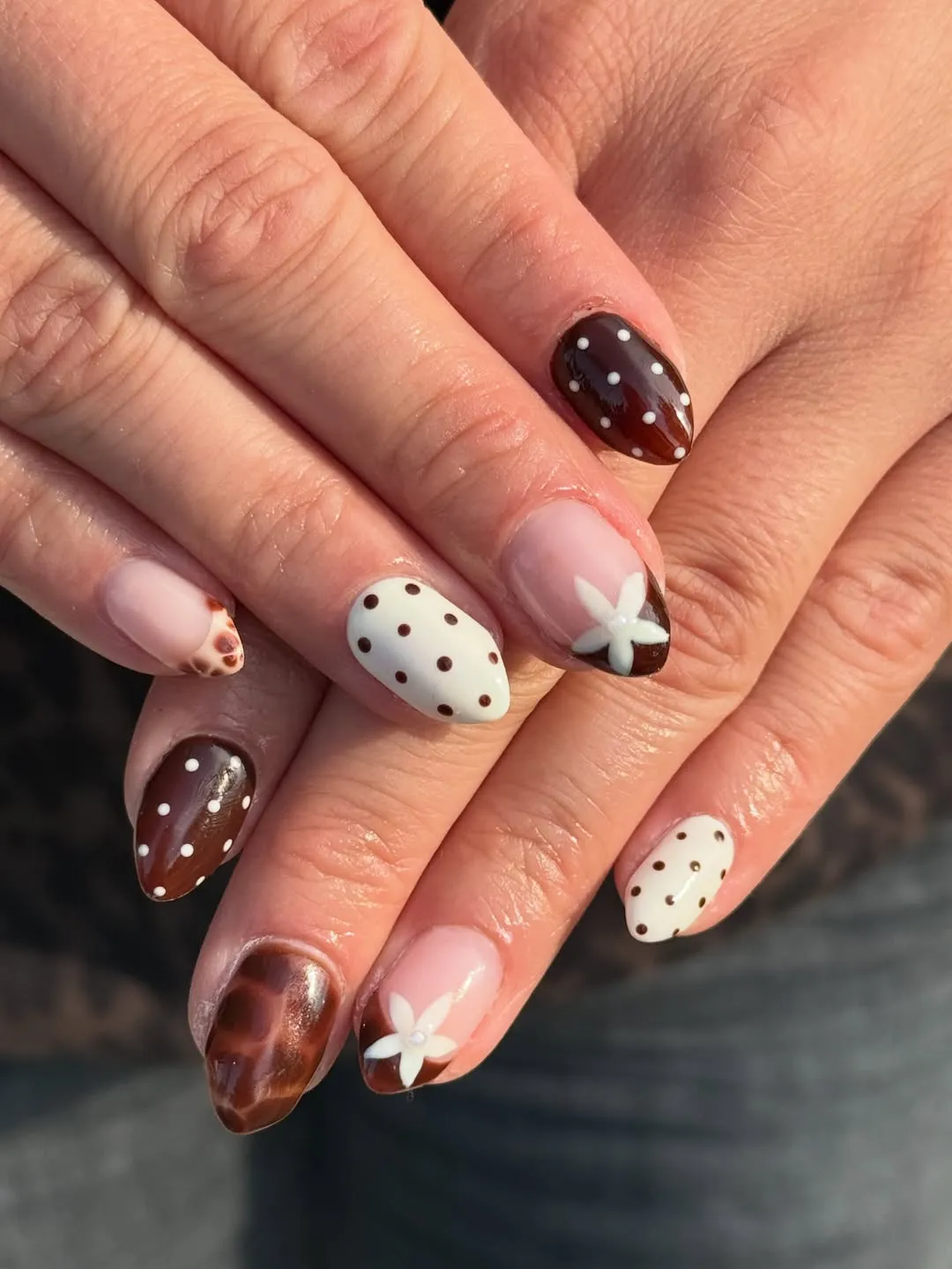 Brown-and-white polka dots with 3D flower corner accents