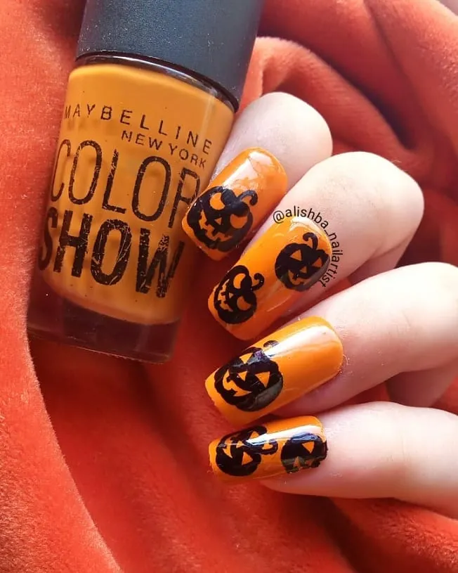 Orange Nails with Black Pumpkin Faces