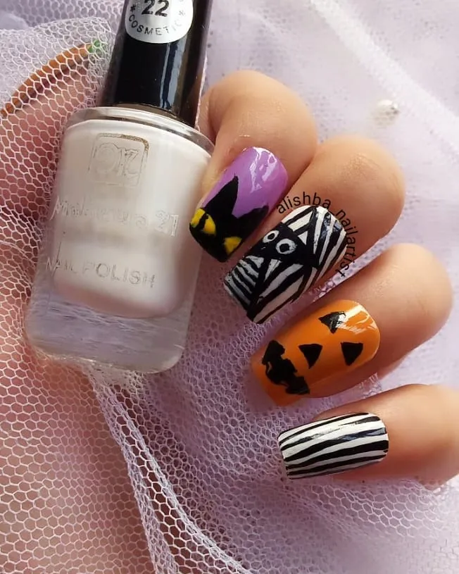 Mixed Halloween set: stripes, orange face, and purple eye detail