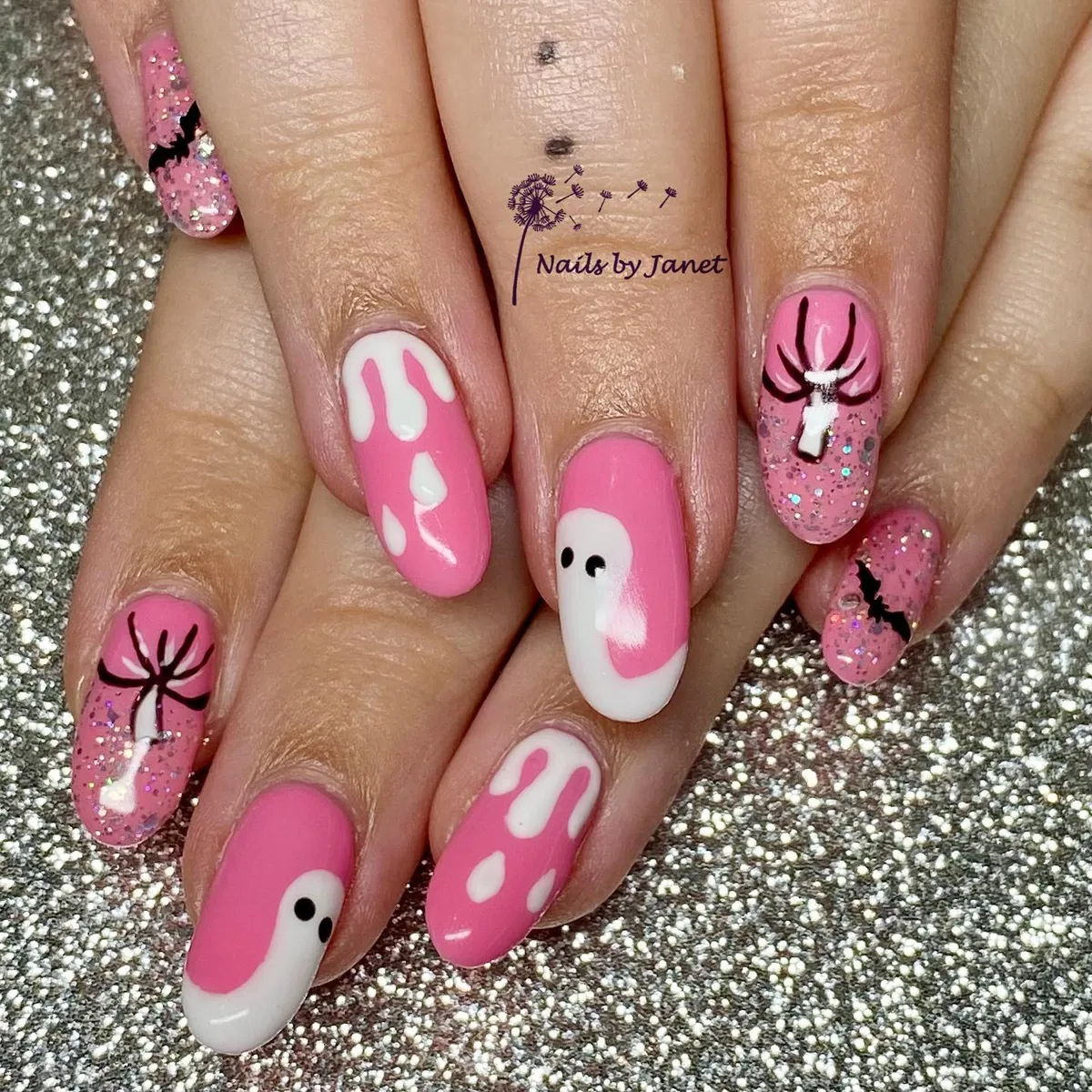 Pink glitter ghosts, bats, and drips