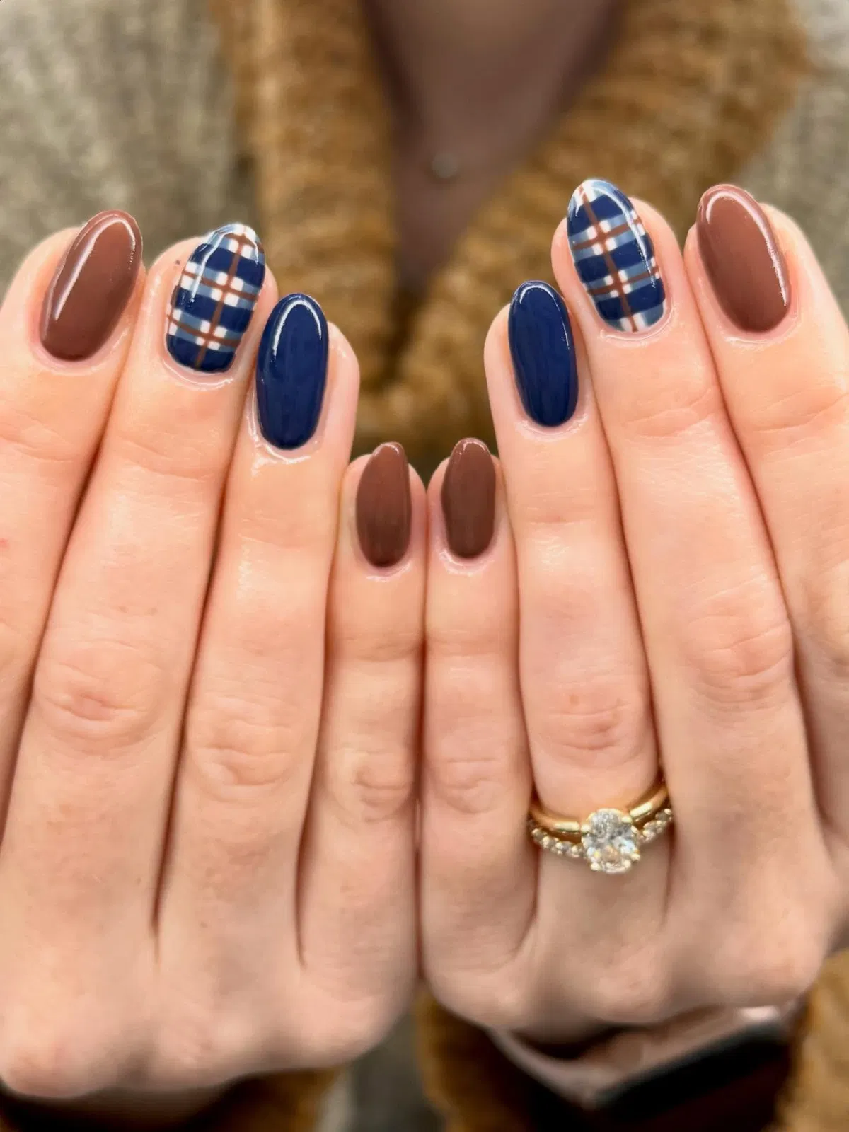 Navy and Brown with Blue Plaid Accent Nails