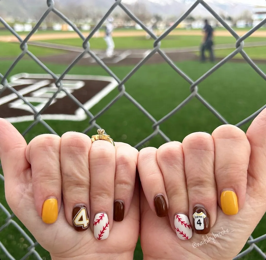 Yellow and brown set with number decals and red-stitch accents