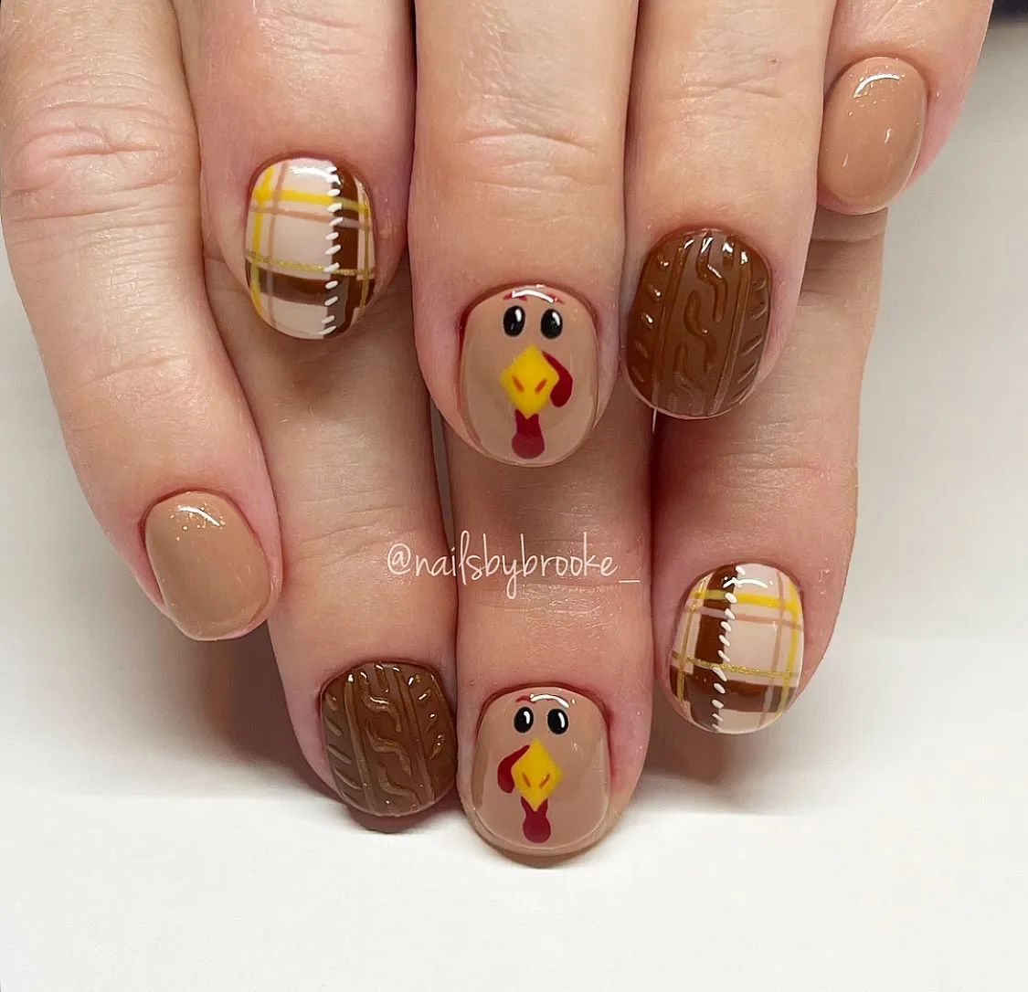 Nude and brown plaid with cartoon bird accents