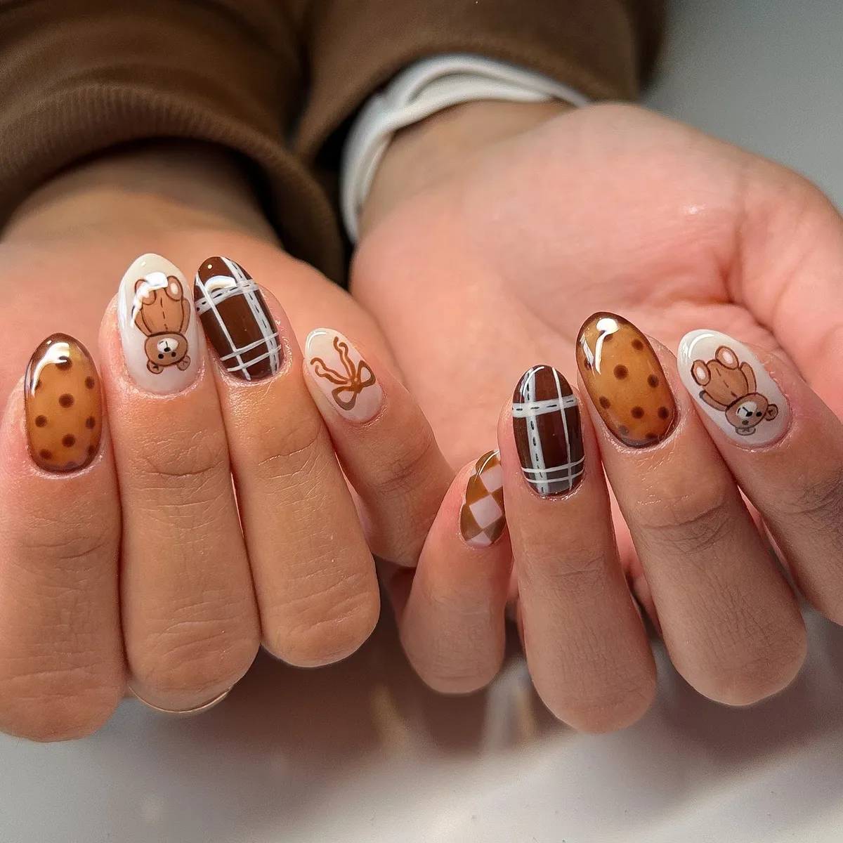 Brown mix with plaid, spots, and teddy bear illustrations