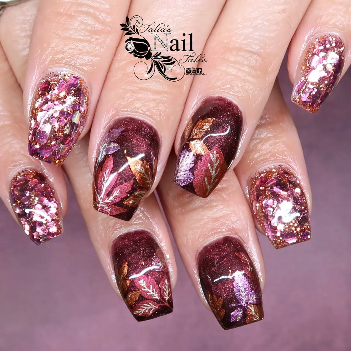 Burgundy leaf art with chunky glitter mix