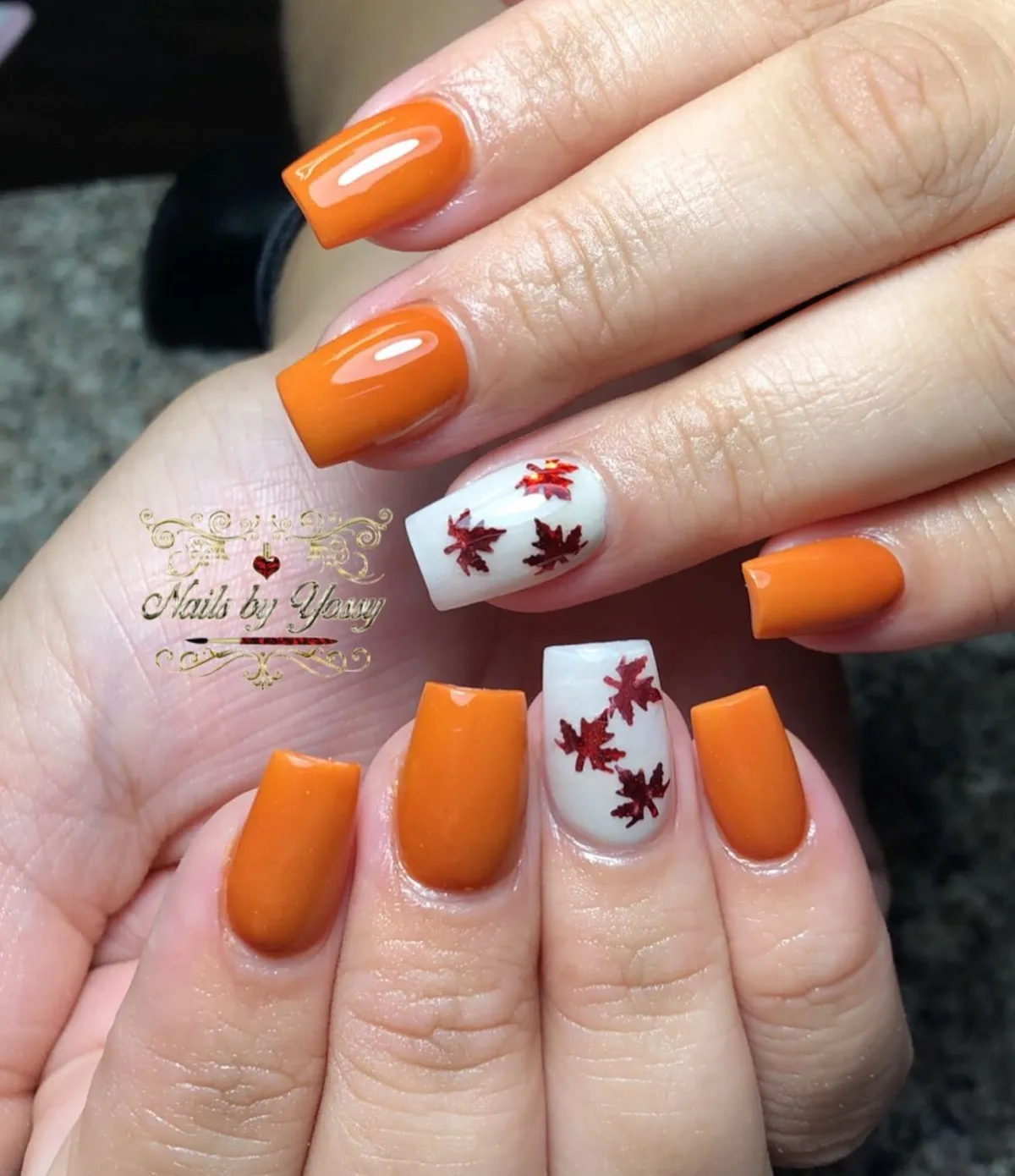Glossy orange with white leaf-silhouette accents