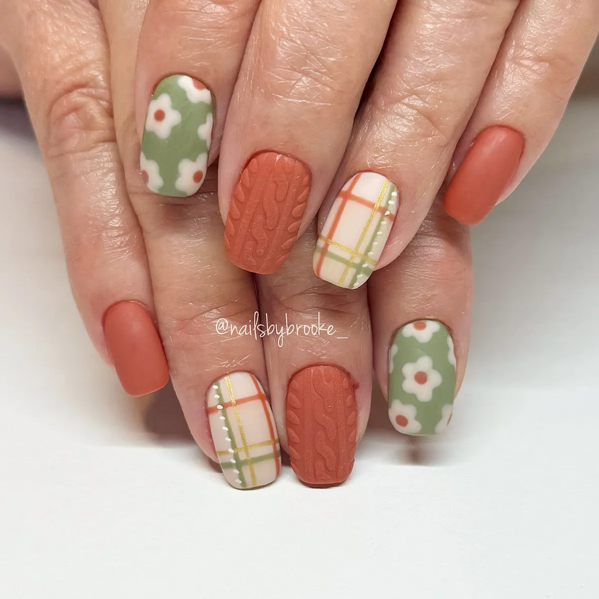 Cable-knit texture, plaid lines, and floral blocks