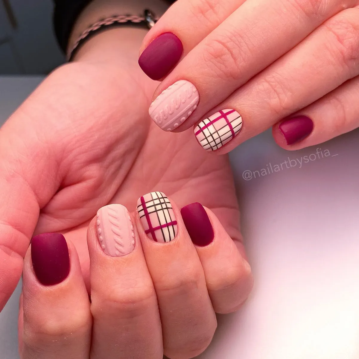 Matte magenta with textured pink and plaid accent