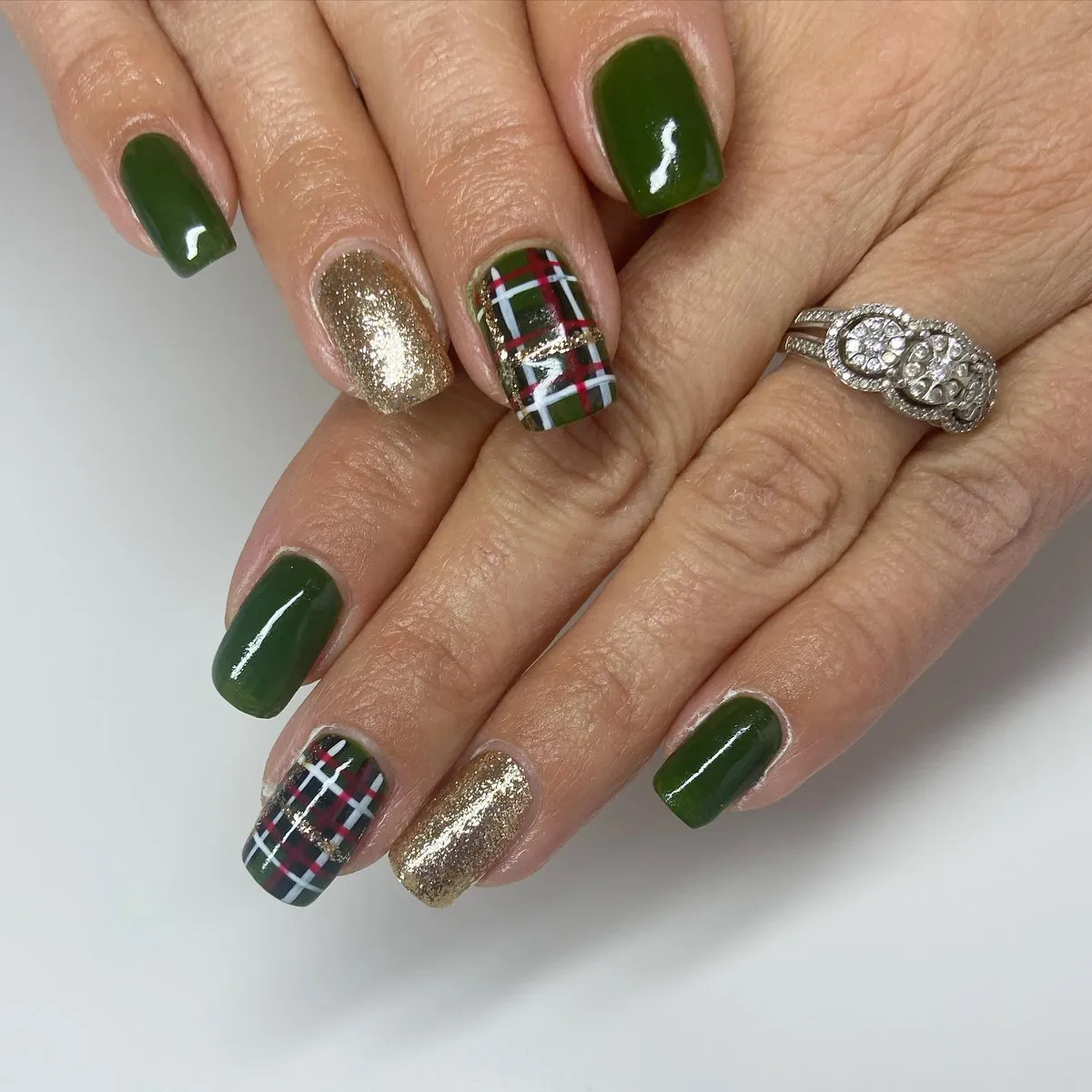 Dark green with gold glitter and plaid accents