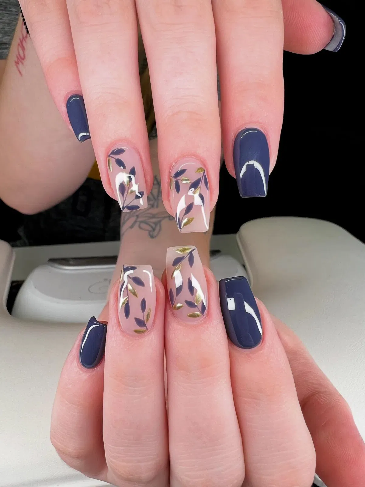Navy solids with translucent leaf accents