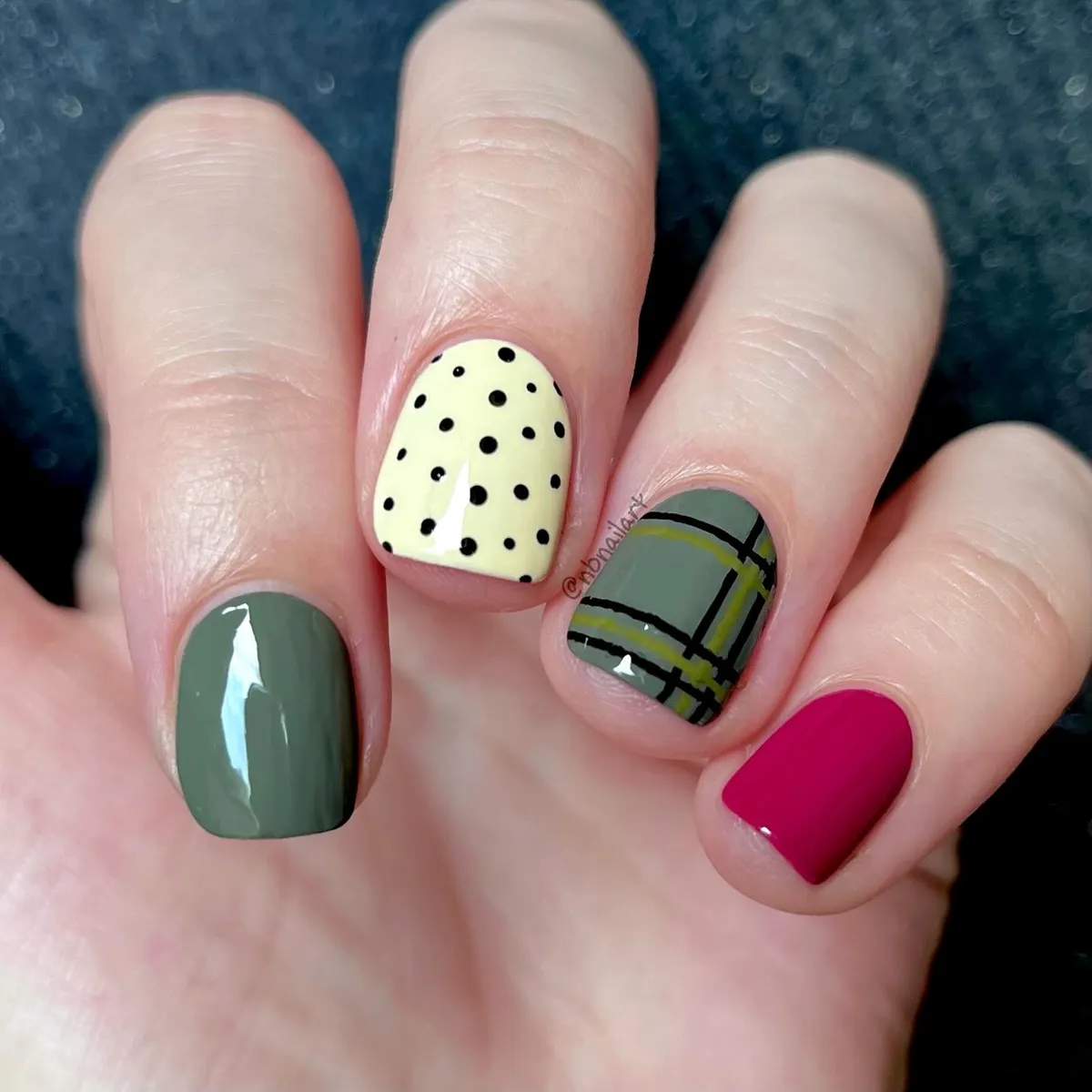 Olive, polka dots, and plaid mix
