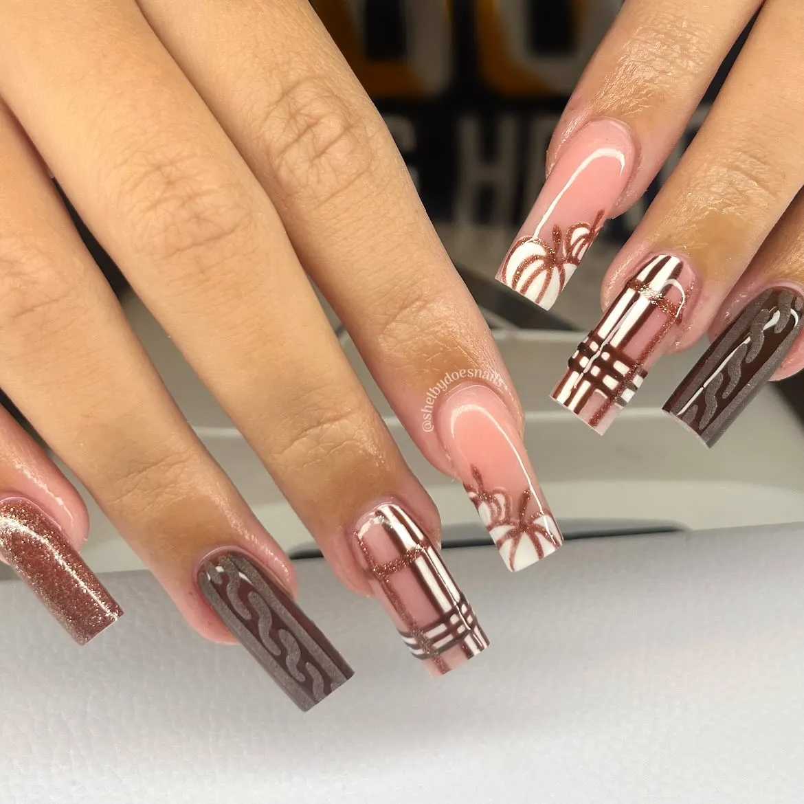 Long square mix: glitter, plaid, pumpkin outline, and wavy brown