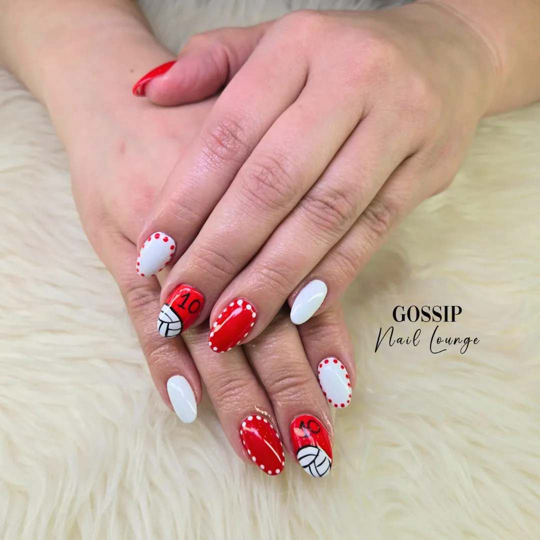 Red-and-white dotted borders with number accents