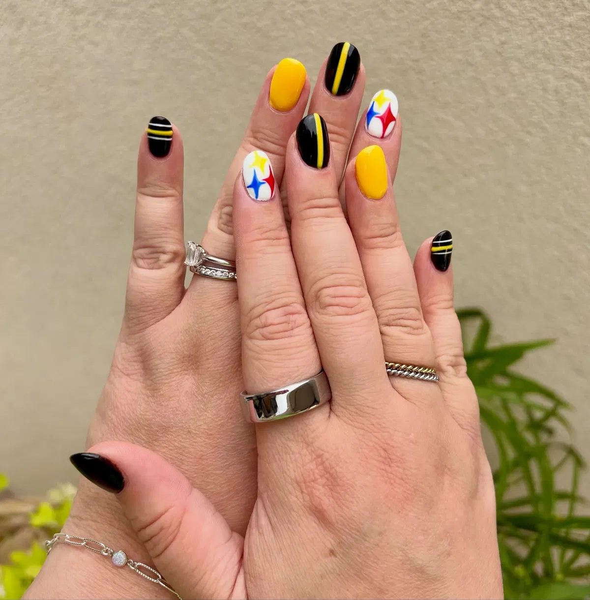 Black-and-yellow stripes with multicolor diamond accents