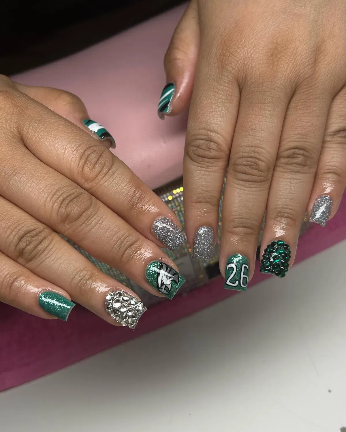 Green and silver glitter set with number detail and 3D clusters