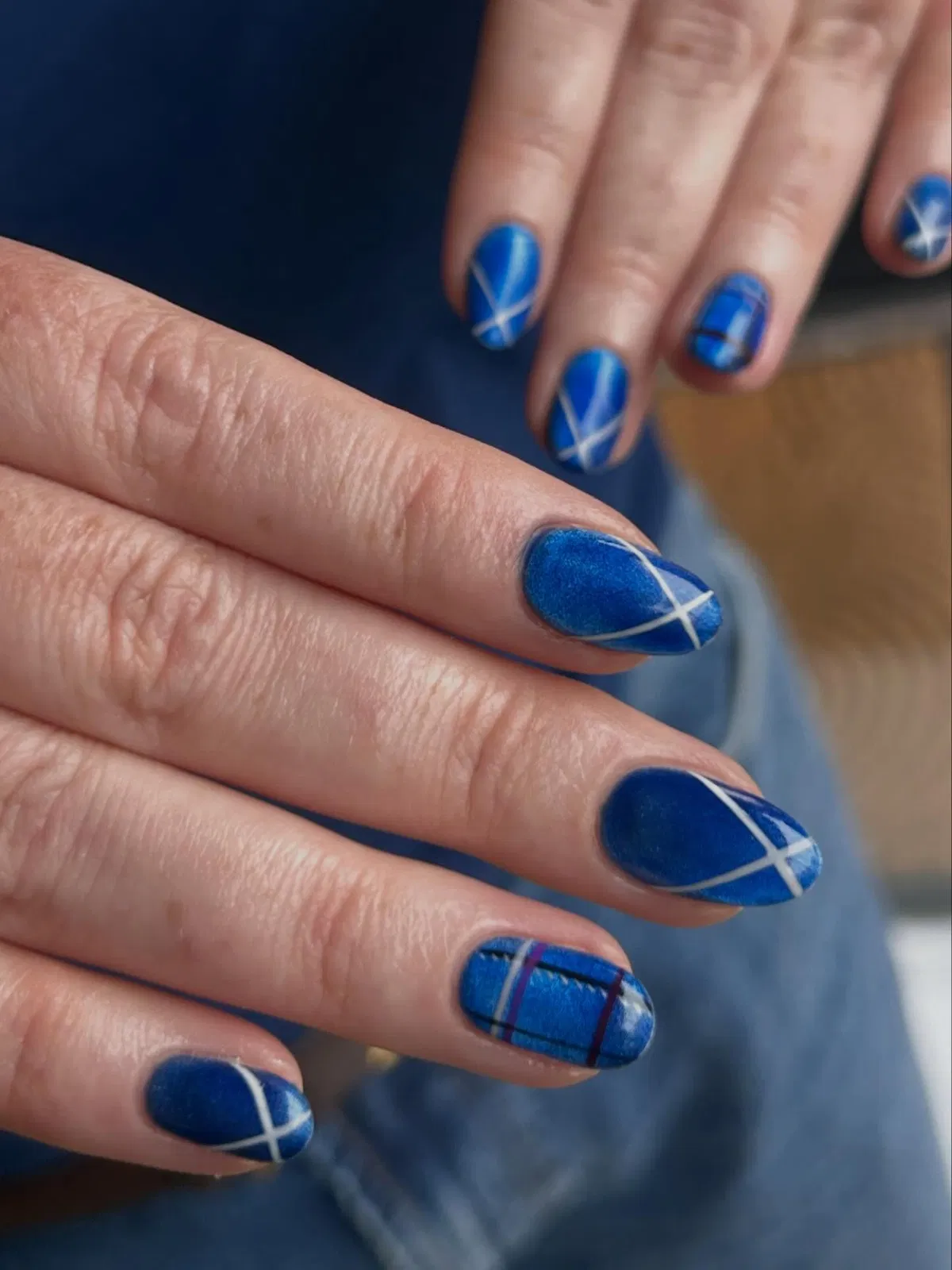 Blue set with white crisscross lines and plaid accent