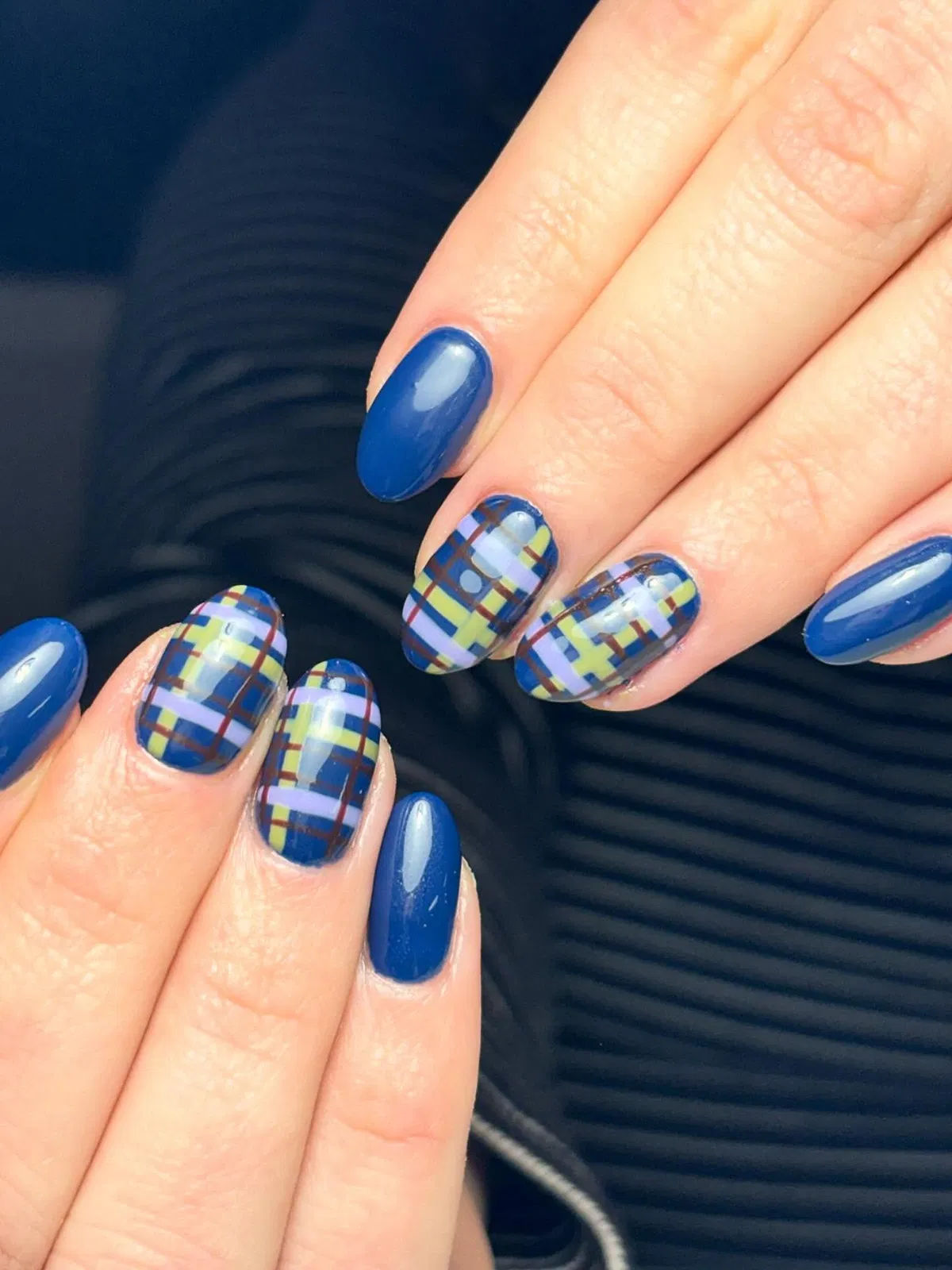Deep Blue and Multicolor Plaid Nails