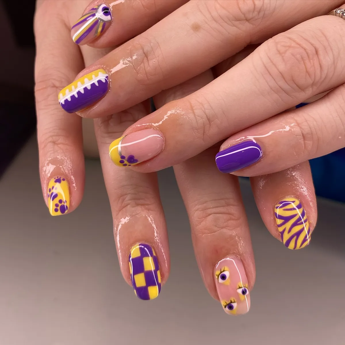 Purple and yellow mixed patterns with graphic accents