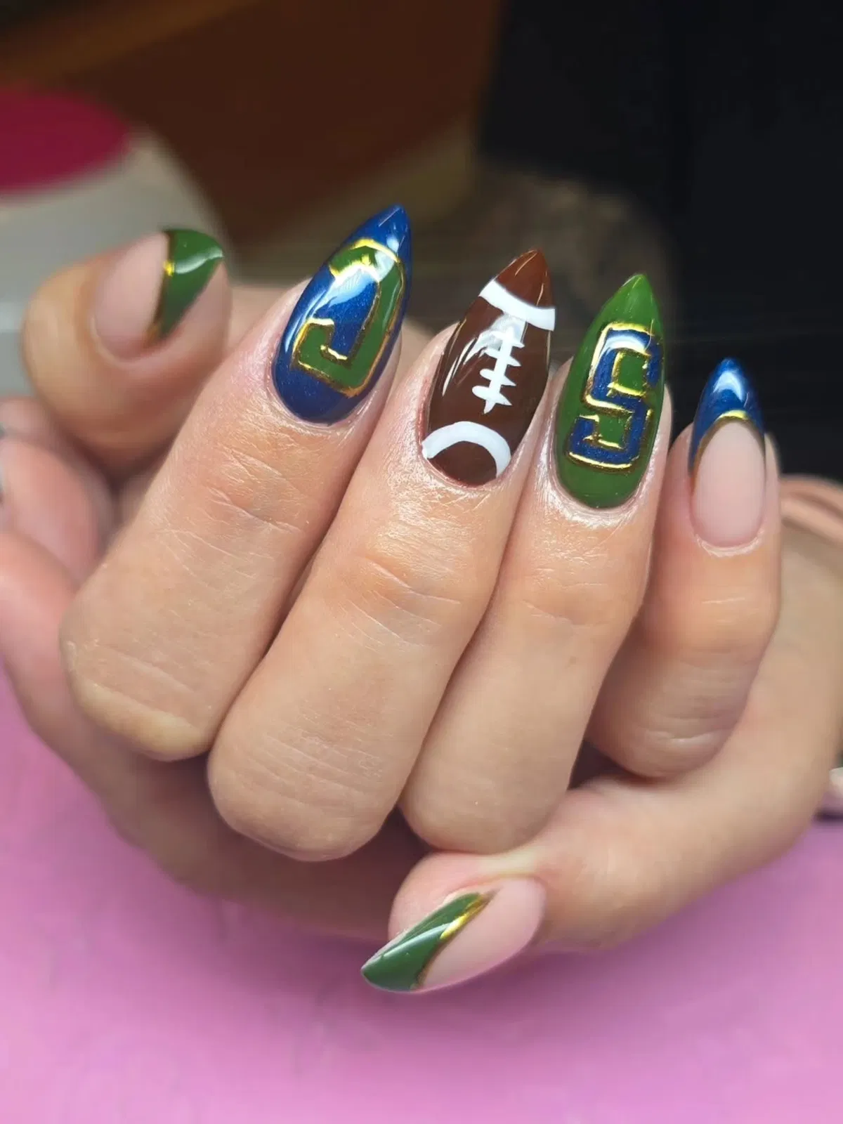Lettered Nails with Football Accent and Green-Tip Details