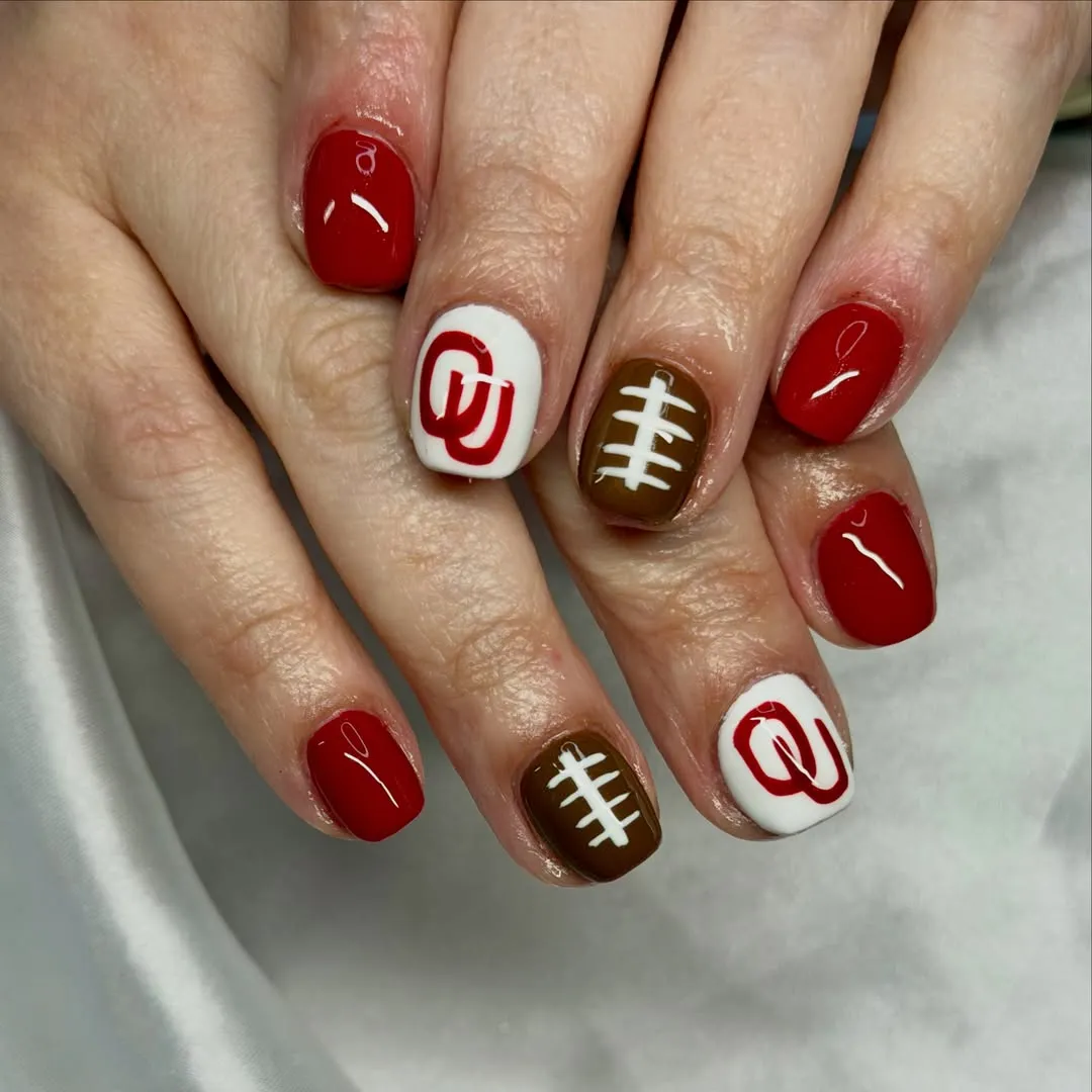 Red, White Emblem, and Brown Football-Lace Accents