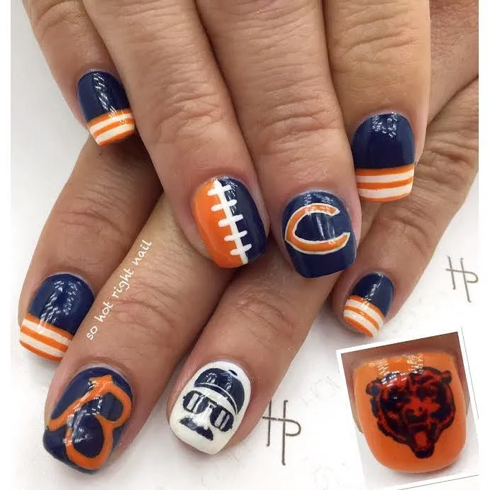 Navy and orange stripes with letter and bear graphic accents