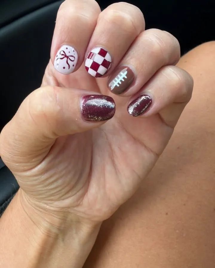 Checkerboard and football-lace mix with maroon shimmer