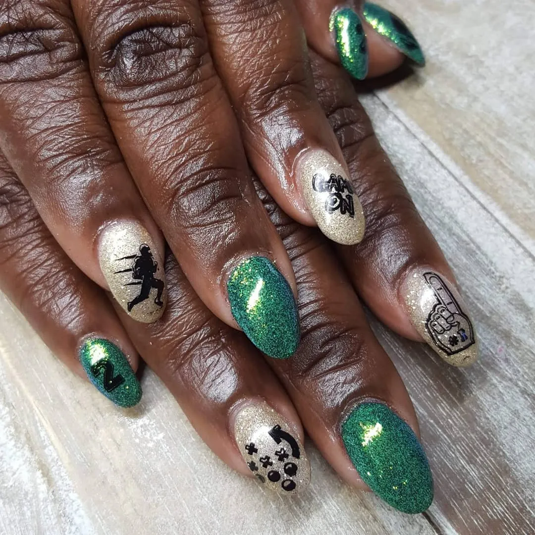 Green and champagne glitter set with 'GAME ON' and play-diagram graphics