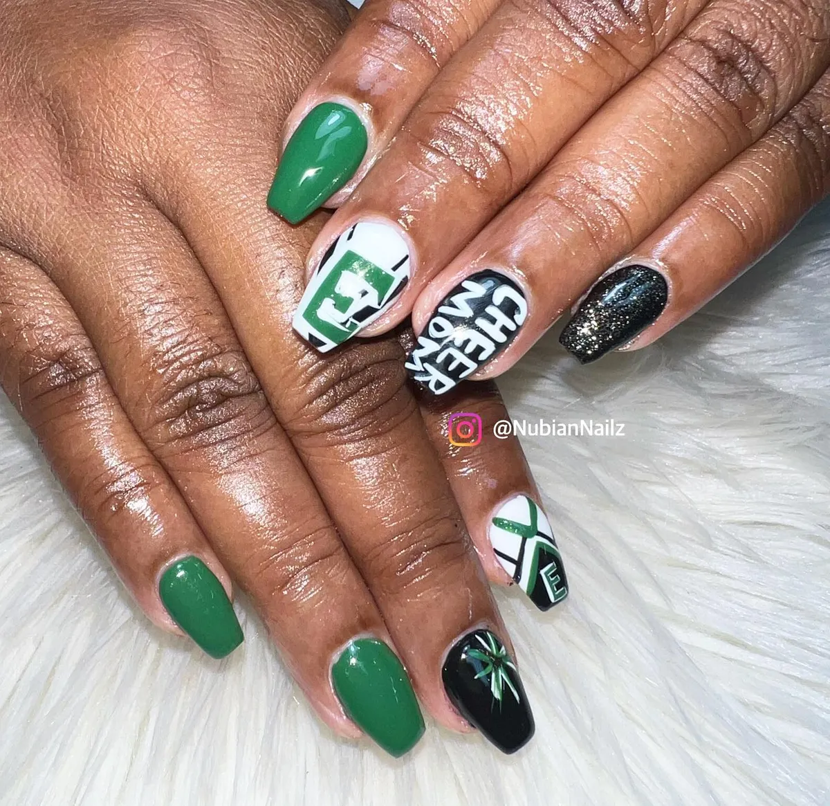 Green, black, and white set with “CHEER MOM” text and bold letter accent