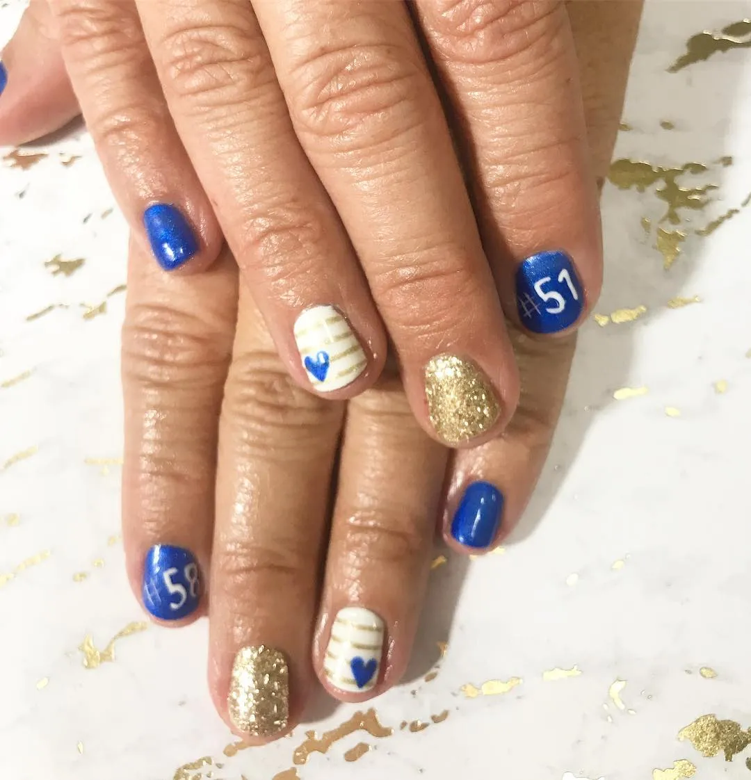 Royal blue and gold glitter with striped hearts and hashtag number