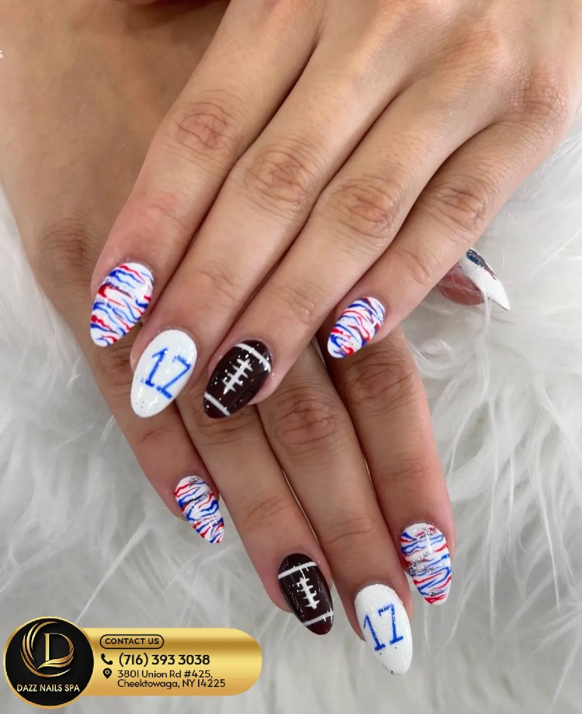 Wavy red/blue lines with number 17 and football-lace accents